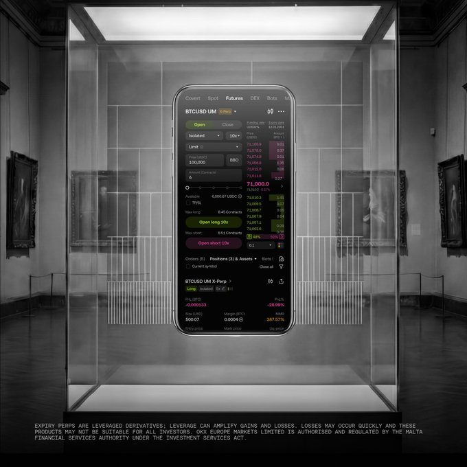 The image shows a phone displaying the OKX trading app for BTCUSD UM X-Perp futures, exhibiting the execution of automated trading strategies. This visual directly supports the post's message about setting stop-loss and take-profit orders through advanced order types for fewer manual trades.