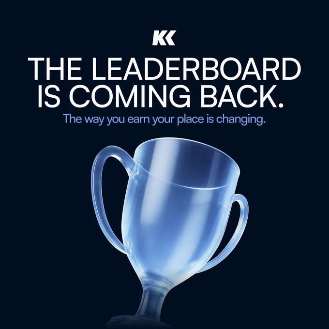 Promotional graphic with the KK logo announcing 'THE LEADERBOARD IS COMING BACK' and 'The way you earn your place is changing,' featuring a glowing blue glass trophy on a dark blue background.