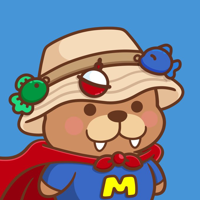 Cartoon illustration of a cute character wearing a straw hat with a fishing bobber, green fish, and blue candy decorations, wearing a blue shirt with a yellow "M" and a red cape.