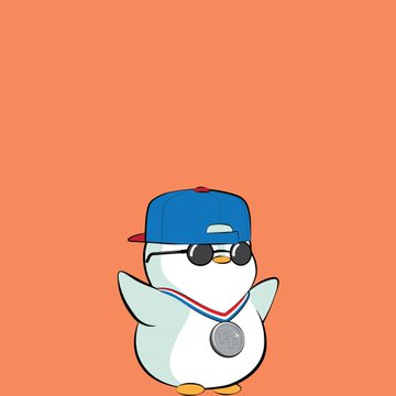 A cartoon illustration of a small penguin wearing a blue cap, sunglasses, and a silver medal around its neck against an orange background.