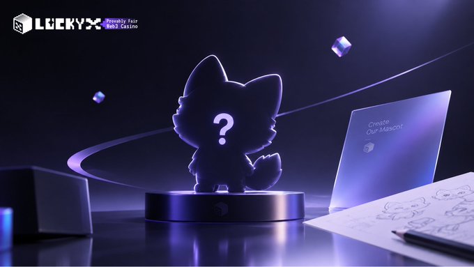 A dark, neon-lit promotional image for 'LUCKYCAT' featuring a silhouette of a cat with a question mark, alongside the text 'Create Our Mascot' and 'Frontly Fair Certified Property'.
