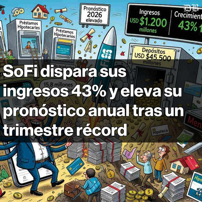 A Spanish-language news graphic with cartoon illustrations stating "SoFi dispara sus ingresos 43% y eleva su pronóstico anual tras un trimestre récord" (SoFi shoots up its revenue 43% and raises its annual forecast after a record quarter), showing $1,200 millones in income and 15.8 million members.