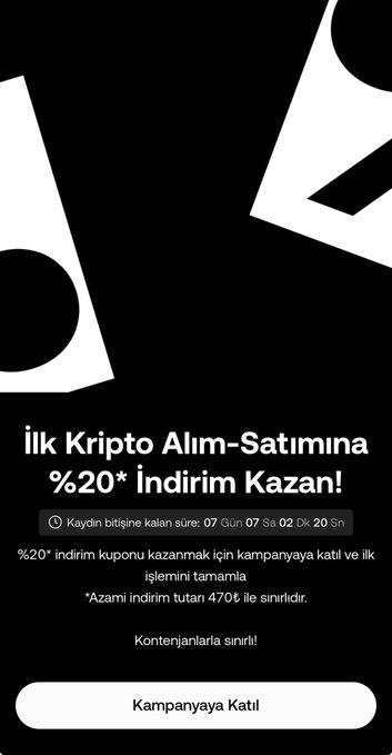 A mobile app advertisement in Turkish offering a 20% discount on the first crypto purchase, with a countdown timer and a "Kampanyaya Katıl" (Join Campaign) button.