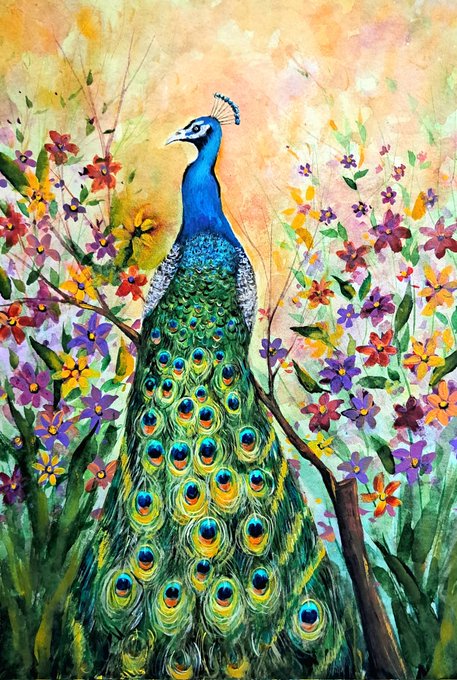 A vibrant watercolor painting depicts a regal peacock with a brilliant blue body and cascading tail feathers adorned with iridescent eye patterns, standing amid a lush garden of colorful flowers in shades of purple, yellow, orange, and red against a soft pastel sky. The artwork, titled "The Emperor of Forgotten Gardens," aligns with the post's uplifting message by visually embodying the strength, beauty, and positive energy referenced in the accompanying text as a 1/1 NFT listing on objkt.com.