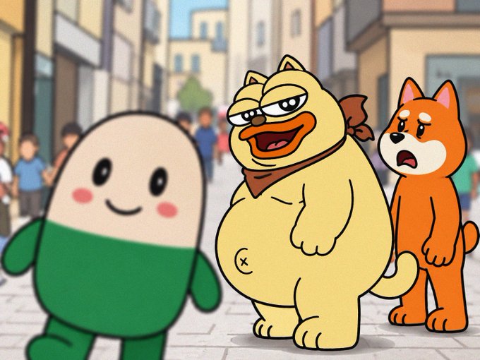 A cartoon scene shows a green smiling character next to a yellow cat-like creature wearing a red bandana, while an orange dog character beside them looks shocked and scared.