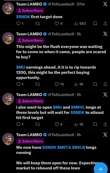 A series of Twitter/X posts from 'Team LAMBO' (@TehLamboX) discussing stock trades involving tickers $NDK, $MU, $MRVL, $META, and $RKLB.