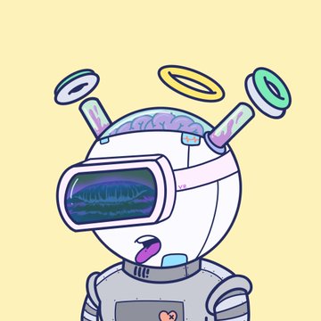 An illustration of a cyborg or robot character with an exposed brain inside a white helmet, wearing a VR headset with a halolike rings above its head against a pale yellow background.