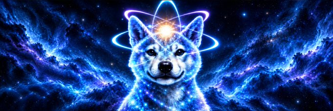 A cosmic Shiba Inu dog glows with blue and purple nebula light, surrounded by orbiting energy rings and a glowing star above its head, set against a deep space backdrop. The mystical, galaxy-themed artwork visually represents the "QI" ticker as an enigmatic, otherworldly canine mascot for the Solana community banner.