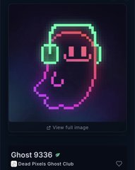 The image shows a pixel-art ghost wearing neon headphones on a dark background, captioned "Ghost 9336," and is listed as a Dead Pixels Ghost Club collectible purchased for 25,000 HBAR.