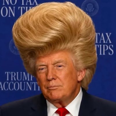 The image shows a man resembling Donald Trump wearing an exaggeratedly large, towering blonde wig, standing in front of a blue backdrop with text that includes "NO TAX ON THE," "TAX TIPS," and "TRUMP ACCOUNTANT," directly referencing the "Bro $wig" caption.