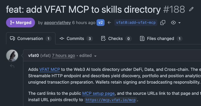 A merged GitHub pull request titled "feat: add VFAT MCP to skills directory #188" by apoorvlathey, showing 1 conversation, 3 commits, and 1 file changed, with the description explaining that VFAT MCP was added to the Web3 AI tools directory under DeFi, Data, and Cross-chain categories. This PR corresponds to the announcement that @vfat0 was added to skills.eth.sh.