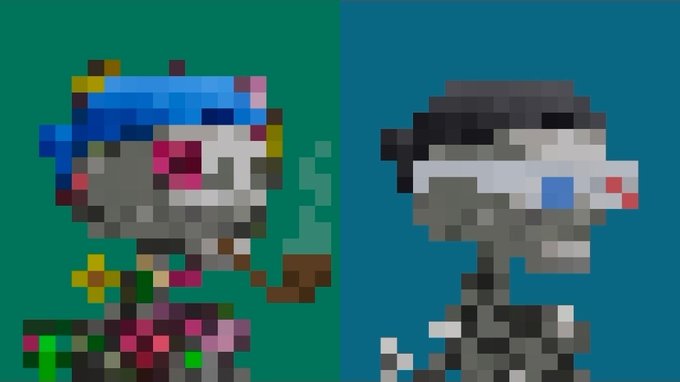 Two pixel-art characters appear side by side: on the left, a skeletal figure with a blue bandana and colorful accessories holding a pipe, and on the right, a gray-skinned character with a red nose and dark cap.
