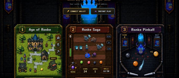 A promotional screen for the 'Ronke' blockchain gaming ecosystem, showcasing three available games: '1 Age of Ronke', '2 Ronke Saga', and '3 Ronke Pinball', with options to 'CONNECT WALLET' or 'INSTANT PLAY' at the top.