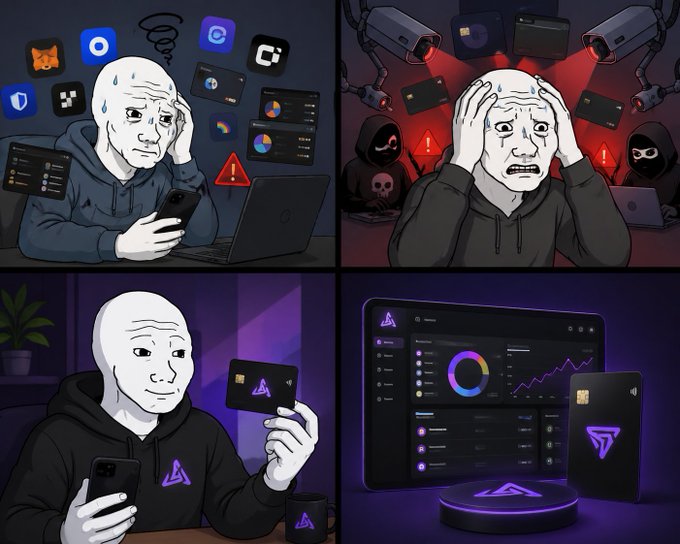 The image shows a cartoon depiction of a man holding a credit card, surrounded by various electronic devices such as laptops and cell phones. The scene depicts a man's frustration due to the complexity of managing multiple digital assets across different apps. The cartoon emphasizes the importance of using a single, clean interface for managing assets like cards and payments, which can help reduce stress and streamline financial management.