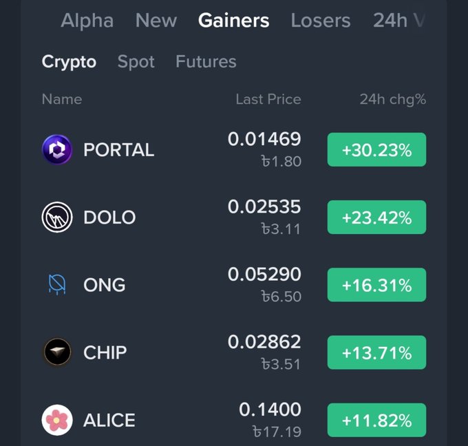 A cryptocurrency gainers list showing PORTAL (+30.23%), DOLO (+23.42%), ONG (+16.31%), CHIP (+13.71%), and ALICE (+11.82%) with their last prices.