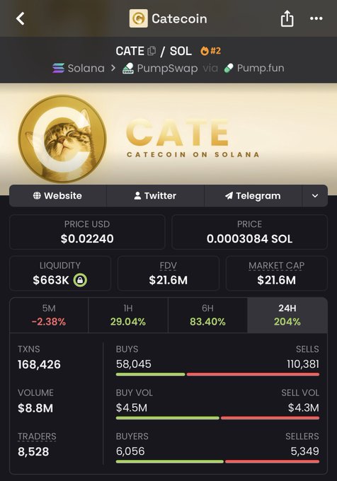 A trading dashboard for Catecoin ($CATE/SOL) showing the token's price at $0.02240 with a market cap of $21.6M and a massive 24H gain of 204%, illustrating the meme coin's impressive pump after the user missed buying at the $4M market cap dip.