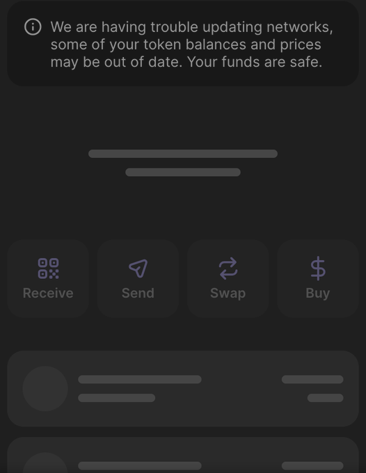 A Phantom wallet interface displays a warning banner stating "We are having trouble updating networks, some of your token balances and prices may be out of date. Your funds are safe," alongside loading placeholders for token lists and action buttons (Receive, Send, Swap, Buy). The image illustrates the user's criticism that Phantom has become a centralized, single-point-of-failure service rather than a true web3 wallet, as evidenced by its inability to fetch on-chain data without depending on its own backend infrastructure.
