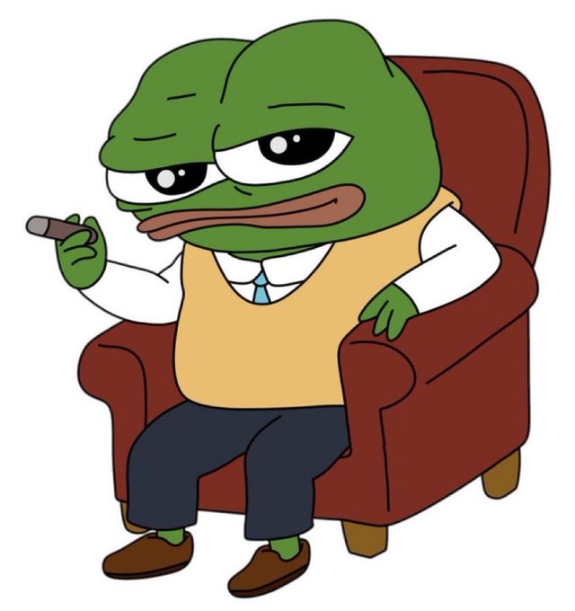 A cartoon illustration of the Pepe the Frog meme character wearing a yellow sweater vest, white shirt, blue tie, and dark pants, sitting in a red armchair while holding a cigar.