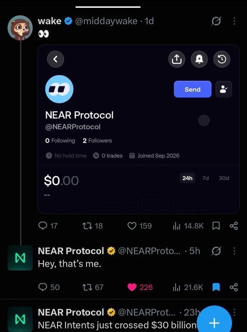A tweet from wake (@middaywake) showing the NEAR Protocol (@NEARProtocol) account with 0 following, 2 followers, and $0.00 value, with a quote tweet response "Hey, that's me." from NEAR Protocol.