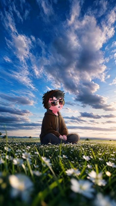An anime-style image of a character with dark hair and sunglasses sitting cross-legged in a field of white flowers under a dramatic blue sky with scattered clouds.