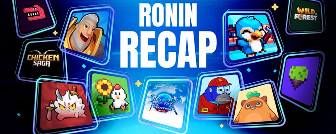 A promotional banner titled 'RONIN RECAP' showing various game icons including Chicken Saga, Wild Forest, and pixel art characters.