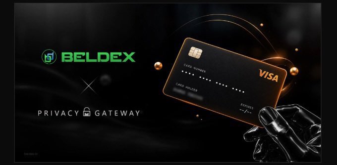 A digital advertisement displaying the green "BELDEX" logo and "PRIVACY GATEWAY" text next to a black Visa card held by a robotic hand against a dark background.
