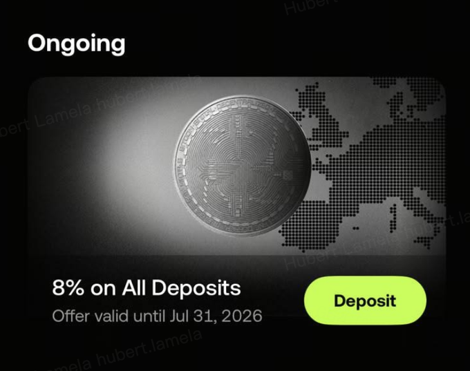 A promotional banner displays an "Ongoing" offer of "8% on All Deposits" valid until Jul 31, 2026, alongside a coin graphic, corresponding to the post's mention of OKX's deposit incentive amid Europe's post-MiCA regulatory crackdown.
