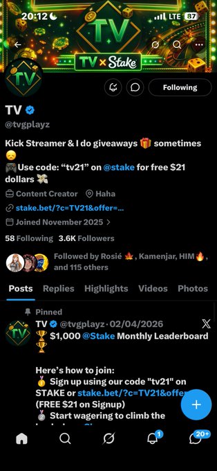 The image shows a Twitter/X profile for "TV" (@tvgplayz), a streamer with 3.6K followers, featuring a pinned post about a $1,000 Stake Monthly Leaderboard giveaway using code "tv21". The accompanying post thanking "Echo" and posting a Solana wallet address (BakyXRTtW2cdivHrqoENQhSfaMjGLRgDudV8QSBGcKNf) likely relates to sending a crypto giveaway or prize payout from this Stake betting promotion.