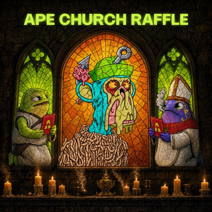 A digital illustration styled as stained glass windows titled 'APE CHURCH RAFFLE' in green text, depicting three NFT ape characters in religious robes, with candles burning below.