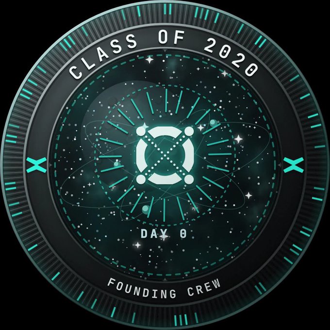 A circular graphic design resembling a digital dial with teal accents displays 'CLASS OF 2020', 'DAY 0', and 'FOUNDING CREW' around a central geometric emblem.