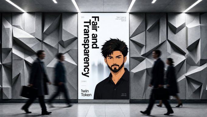 An illustration of people walking past a billboard in a modern hallway, featuring a bearded man with text reading "Fair and Transparency" and "1win Token".