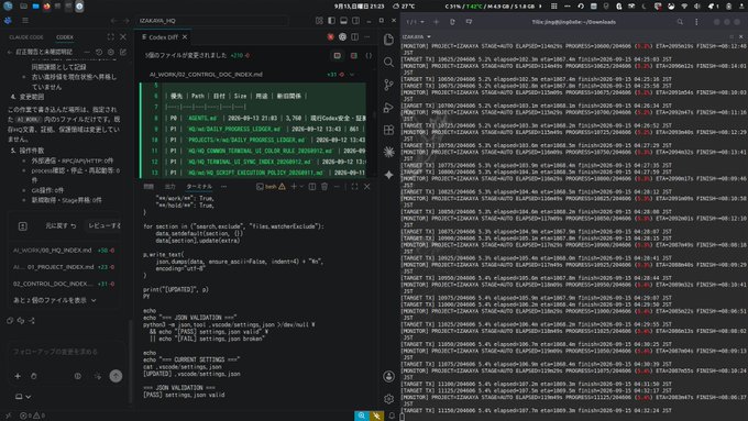 A split-pane view shows a VS Code editor on the left displaying Python scripts including "RPCAPI_HQ" and "RPC_MONITOR_INDEX_M" related to JPYR token lending pool queries, alongside a terminal on the right running queries that output continuous JSON-RPC responses containing IZAKAYA project data, token metrics, and verification checks.