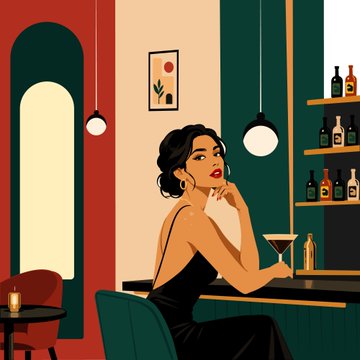 An illustrated woman with black hair in an elegant black dress sits at a bar with a martini, holding her hand to her face in a thoughtful pose.
