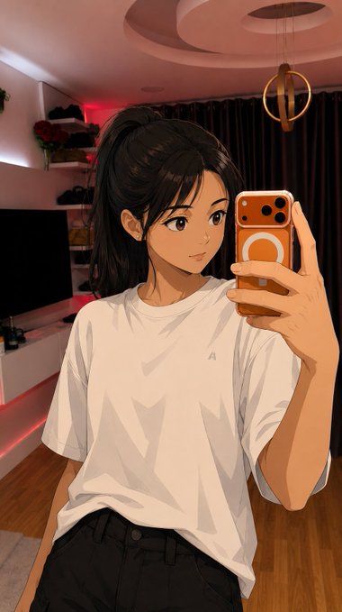 An anime-style illustration of a young woman with a dark ponytail wearing a white t-shirt, taking a selfie with an orange smartphone in a warmly lit room.