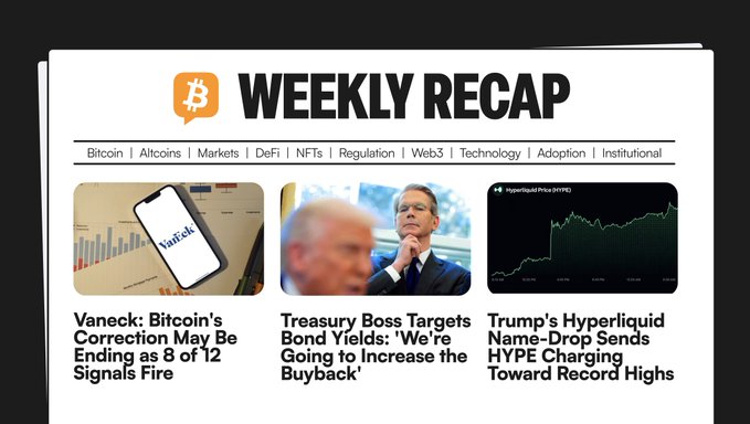 A "Weekly Recap" newsletter header featuring three crypto headlines: "Vaneck: Bitcoin's Correction May Be Ending as 8 of 12 Signals Fire," "Treasury Boss Targets Bond Yields: 'We're Going to Increase the Buyback,'" and "Trump's Hyperliquid Name-Drop Sends HYPE Charging Toward Record Highs," which visually summarizes the week's key stories including Bitcoin's rally, Treasury buybacks, and HYPE's surge.