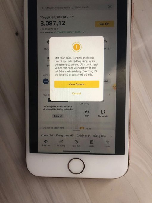 A smartphone screen displays a cryptocurrency application with a balance of '3,087,12 USDT' and a pop-up message in Vietnamese about correcting phone number information, with buttons for 'View Details' and 'Cancel.'