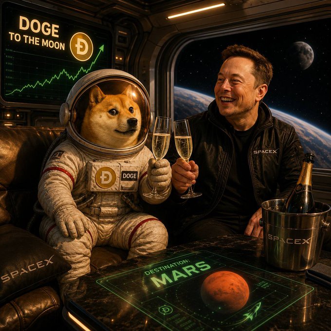 A stylized AI-generated image depicting Elon Musk in a SpaceX jacket toasting with a Doge (Shiba Inu) character wearing an astronaut suit, set inside a spaceship with a "DOGE TO THE MOON" chart, SpaceX branding, and a Mars destination hologram.