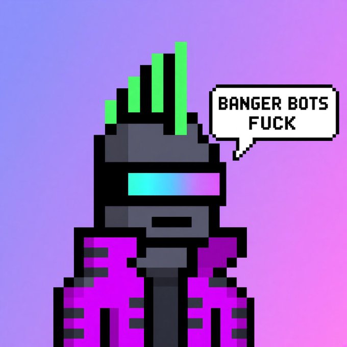 Pixel art of a cyborg character with a green mohawk and a rainbow visor wearing a magenta jacket, with a speech bubble reading 'BANGER BOTS FUCK' against a purple-pink gradient background.