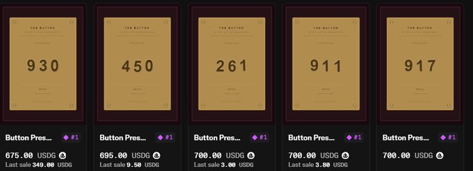 Five digital cards labeled 'THE BUTTON' display numbers (930, 450, 261, 911, 917) and are listed for sale on a dark marketplace as 'Button Pres...' for prices ranging from 675 to 700 USDG.