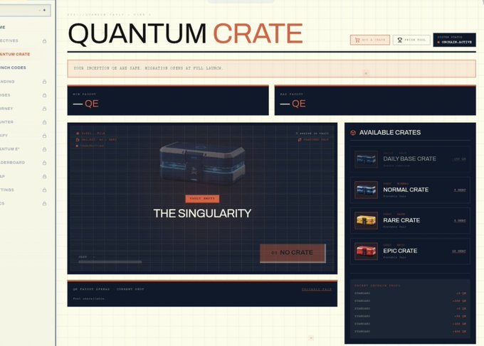 The image shows the DAC Quantum Crate interface where users can insert a "Launch Code" to access Interstellar, with an "Epics Awaits" section titled "THE SINGULARITY" displaying 0% QE and "NO CRATE," alongside available crates including Daily Base (250 QE), Normal (1,000), Rare (2,500), and Epic (100) crates. The page corresponds to the announcement that the DAC Interstellar Mainnet is live, allowing users with launch codes to enter Interstellar and earn QE (Quantum Energy) tokens through their progress.
