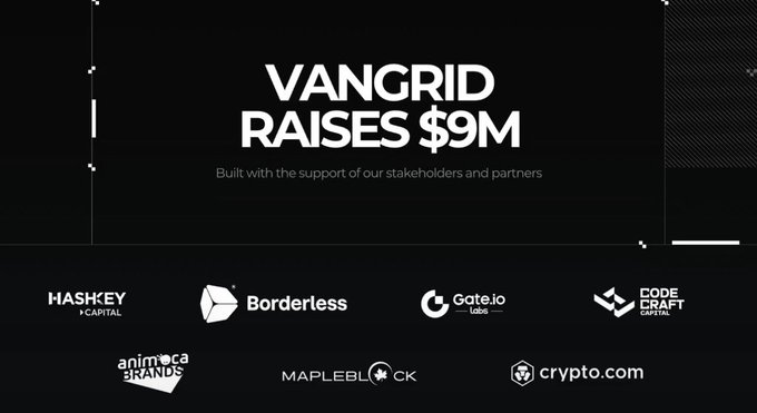 An announcement graphic stating 'VANGRID RAISES $9M' with subtitle 'Built with the support of our stakeholders and partners' and logos of investors including HashKey Capital, Borderless, Gate.io, CodeCraft Capital, Animoca Brands, Mapleblock, and crypto.com.