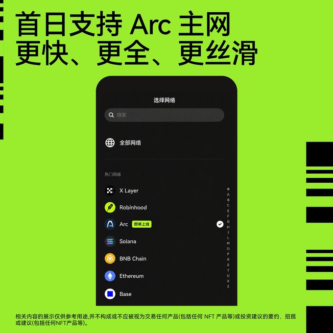 The image is a promotional graphic with a bright green background featuring Chinese text "首日支持 Arc 主网" (Day-one support for Arc Mainnet) and "更快、更全、更丝滑" (Faster, more comprehensive, smoother), alongside a smartphone mockup displaying the OKX Wallet network selection screen. The screen lists supported blockchains including X Layer, Robinhood, Arc (marked as "即将上线" / Coming Soon), Solana, BNB Chain, Ethereum, and Base, highlighting Arc's mainnet integration. The graphic promotes OKX Wallet's day-one support for the Arc blockchain mainnet, aligning with the post's announcement of full-chain connectivity for trading and tracking.