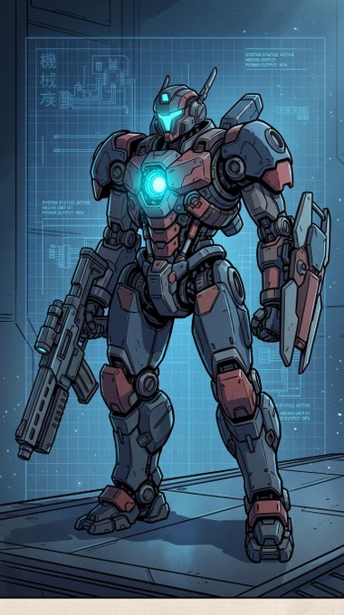 An illustration of a futuristic red and grey mech robot with glowing blue lights, holding a large rifle, standing against a blue holographic interface with technical readouts.