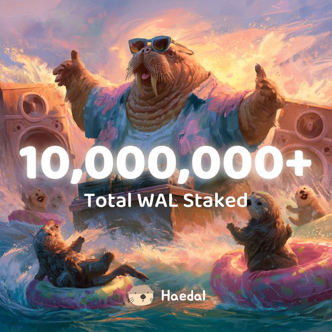 A promotional graphic for Haedal featuring a walrus DJ wearing sunglasses and a Hawaiian shirt at a party, with the text '10,000,000+ Total WAL Staked' displayed prominently.