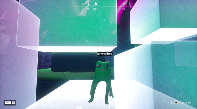 A screenshot from a video game showing a small green frog-like creature with the username 'famcarlitos' displayed above it, set in a glowing abstract environment.