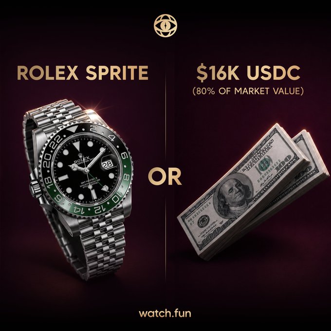 The image presents a side-by-side choice for a watch.fun prize: a Rolex Sprite (GMT-Master II with the black/green "Sprite" bezel) on the left, or a $16K USDC payout (80% of market value) on the right, tied to the post's claim options where winners can either collect the physical Rolex or opt for the USDC cash alternative.