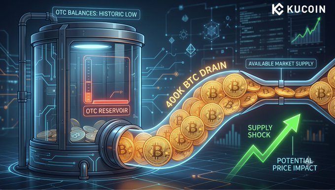 The image is a stylized infographic showing a digital "OTC Reservoir" with draining Bitcoin coins, labeled with "OTC BALANCES: HISTORIC LOW," "400K BTC DRAIN," "AVAILABLE MARKET SUPPLY," and "SUPPLY SHOCK / POTENTIAL PRICE IMPACT," alongside the KuCoin logo. It visually reinforces the post's message about a historic Bitcoin supply drain from OTC desks signaling a potential liquidity shock.
