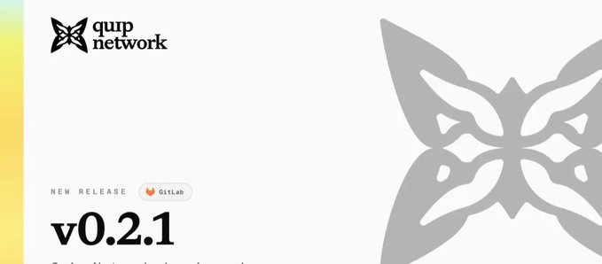 A release announcement graphic for 'qurp network' featuring a butterfly logo and version 'v0.2.1' marked as 'NEW RELEASE' on GitLab.