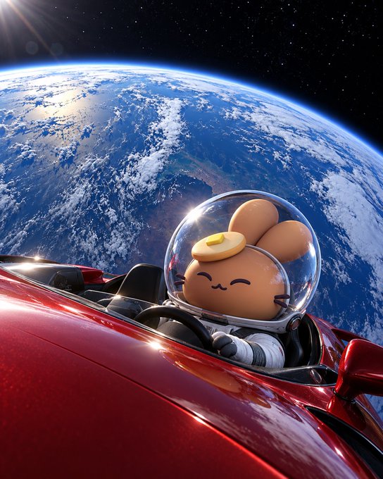A cute bunny character wearing a spacesuit helmet floats in a red convertible against the backdrop of Earth from space, evoking the "Starman" reference in the pancake swap stocks post. The whimsical scene playfully suggests the mystery stock may be drifting in orbit, mirroring Elon Musk's famous Tesla roadster launched into space.