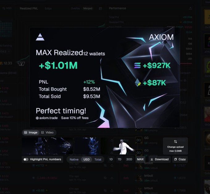 Screenshot of a trading dashboard showing 'AXIOM' with 'MAX Realized 12 wallets +$1.01M' and 'Perfect timing!' promotion for axiom.trade with 10% off fees.